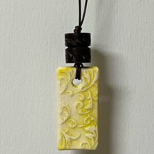 Hand Crafted Yellow Pottery and Wooden Bead Pendant Necklace